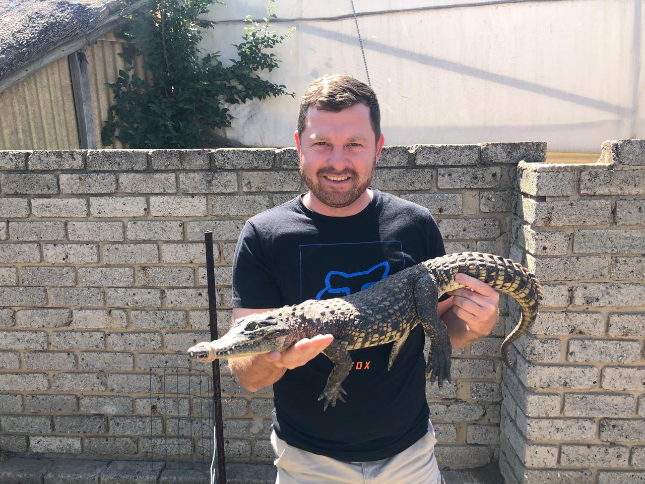 Angelo holding a young crocodile with a taped snout, smiling at the camera