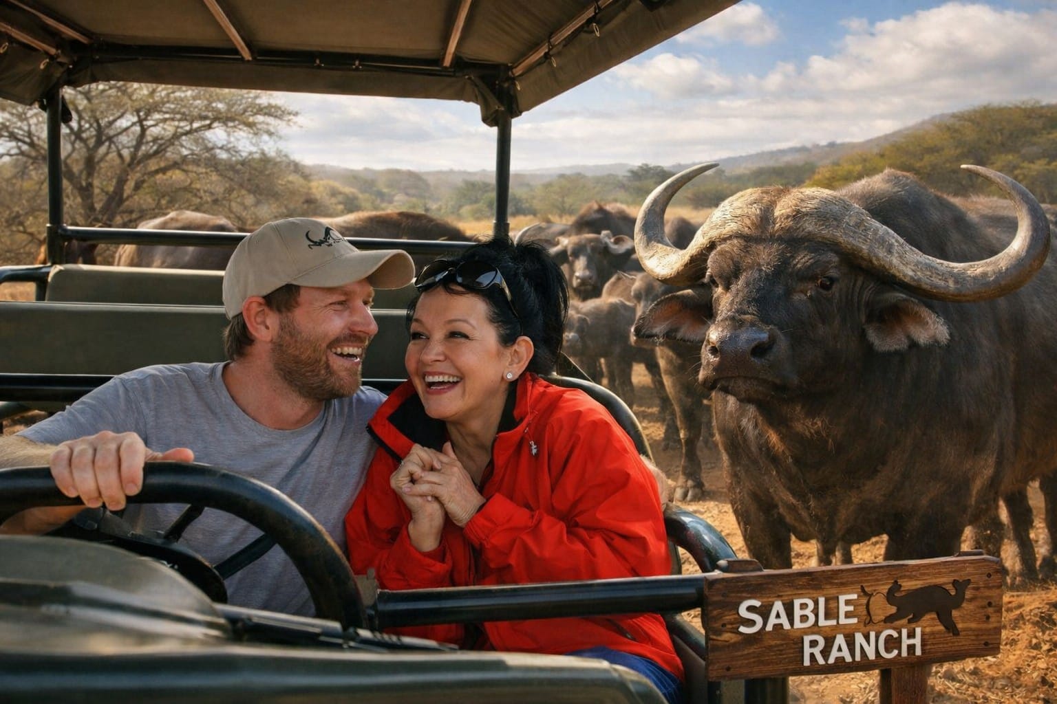 Angelo laughing with a family member on a game drive beside a buffalo