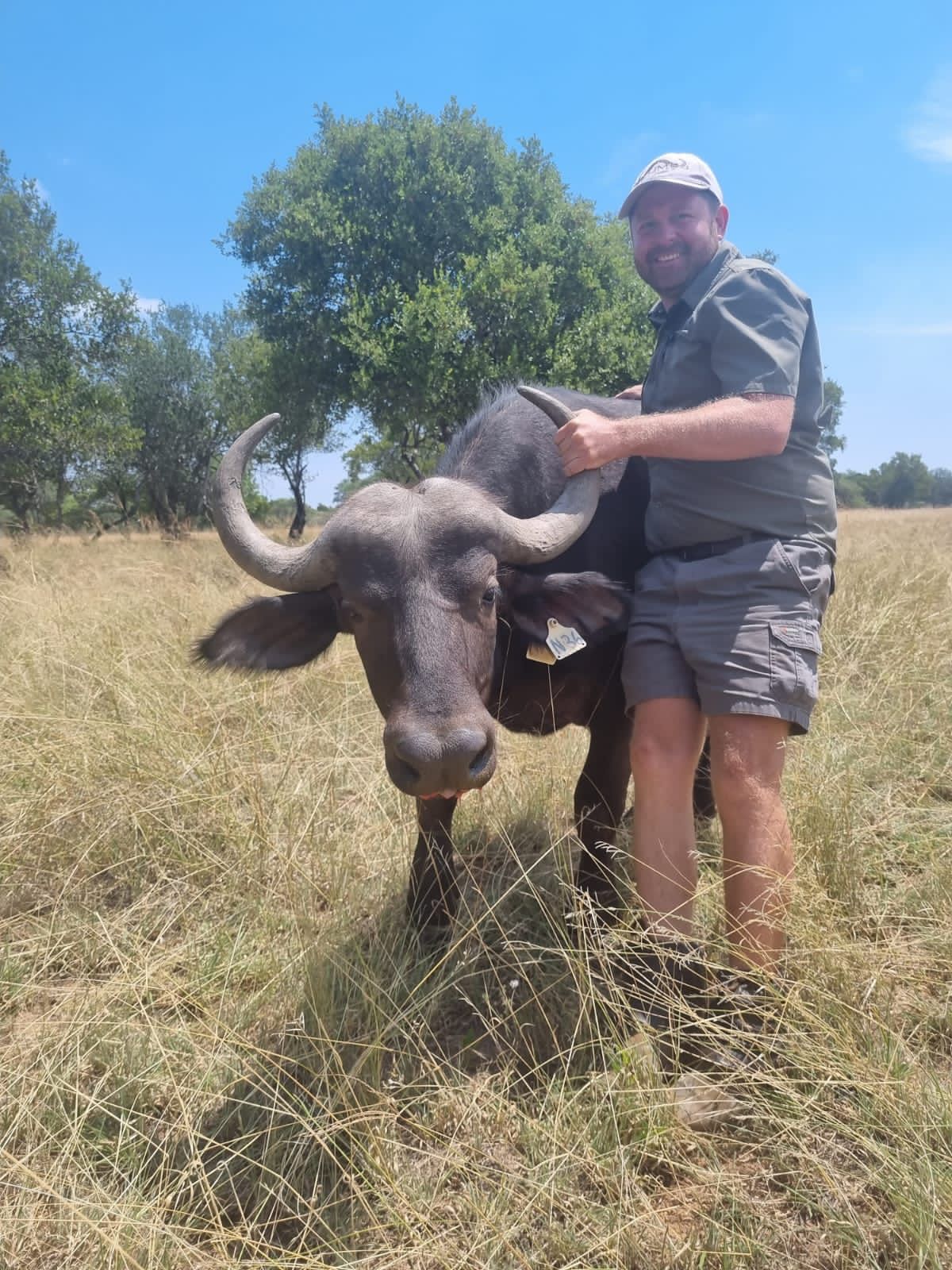 Angelo smiling beside a young buffalo standing in tall summer grass