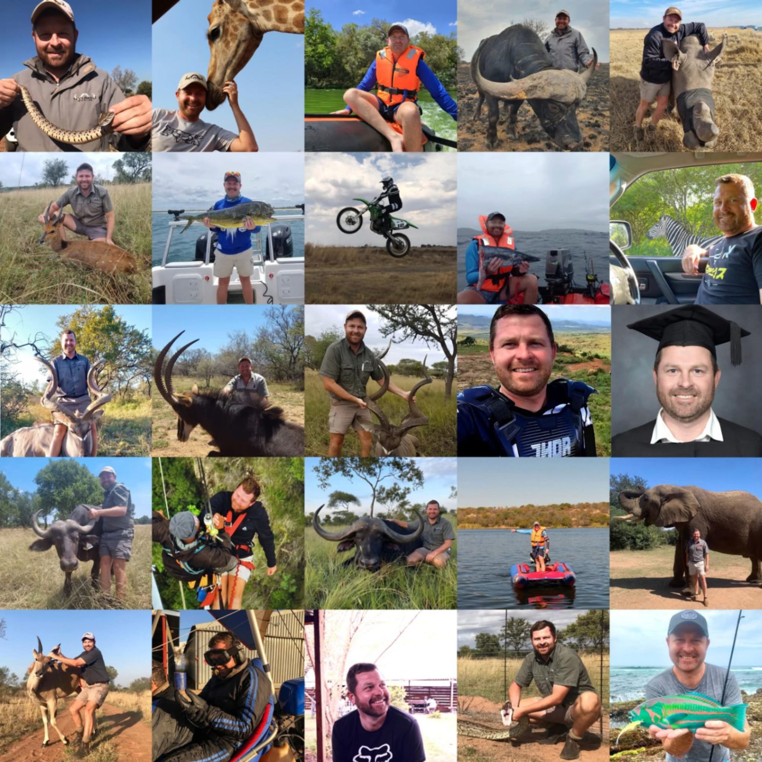 A collage of twenty-five photographs spanning Angelo's life — wildlife, adventure, fishing, graduation, and the people he loved