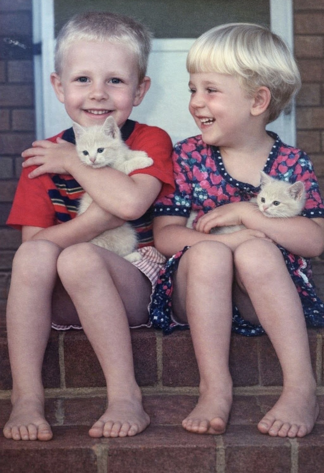 Angelo and his sister as small children sitting on the steps, each holding a kitten